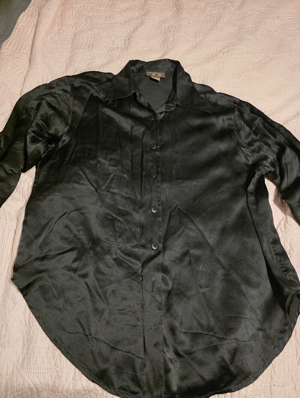 Classic Black Silk Button-Up Blouse - Picture 2 of 7